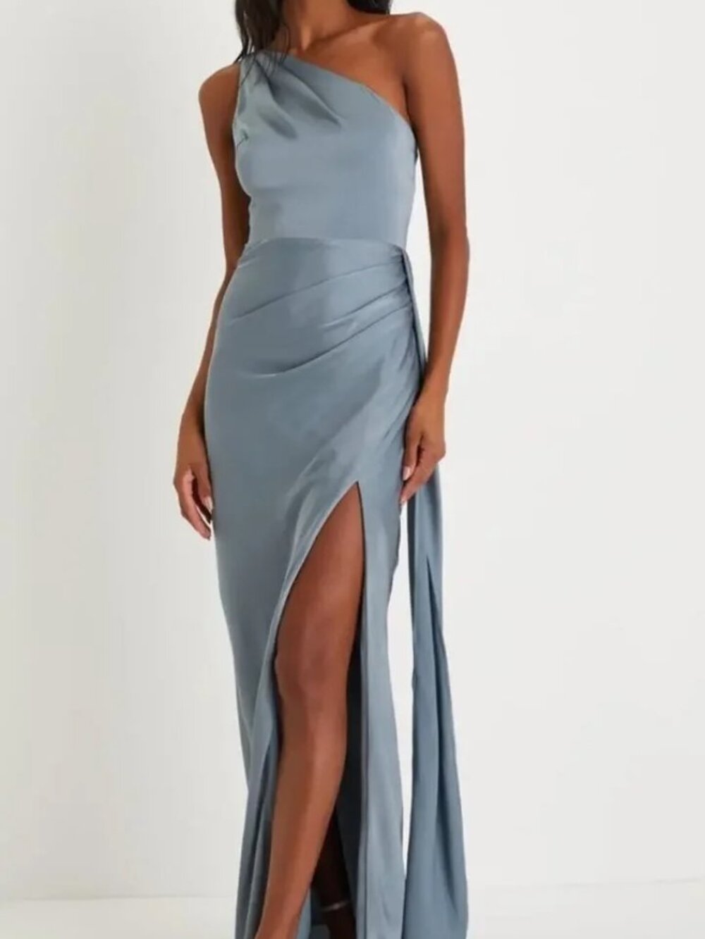 Lulus Signature Elegance Slate Blue Satin One-Shoulder Maxi Dress Size Small